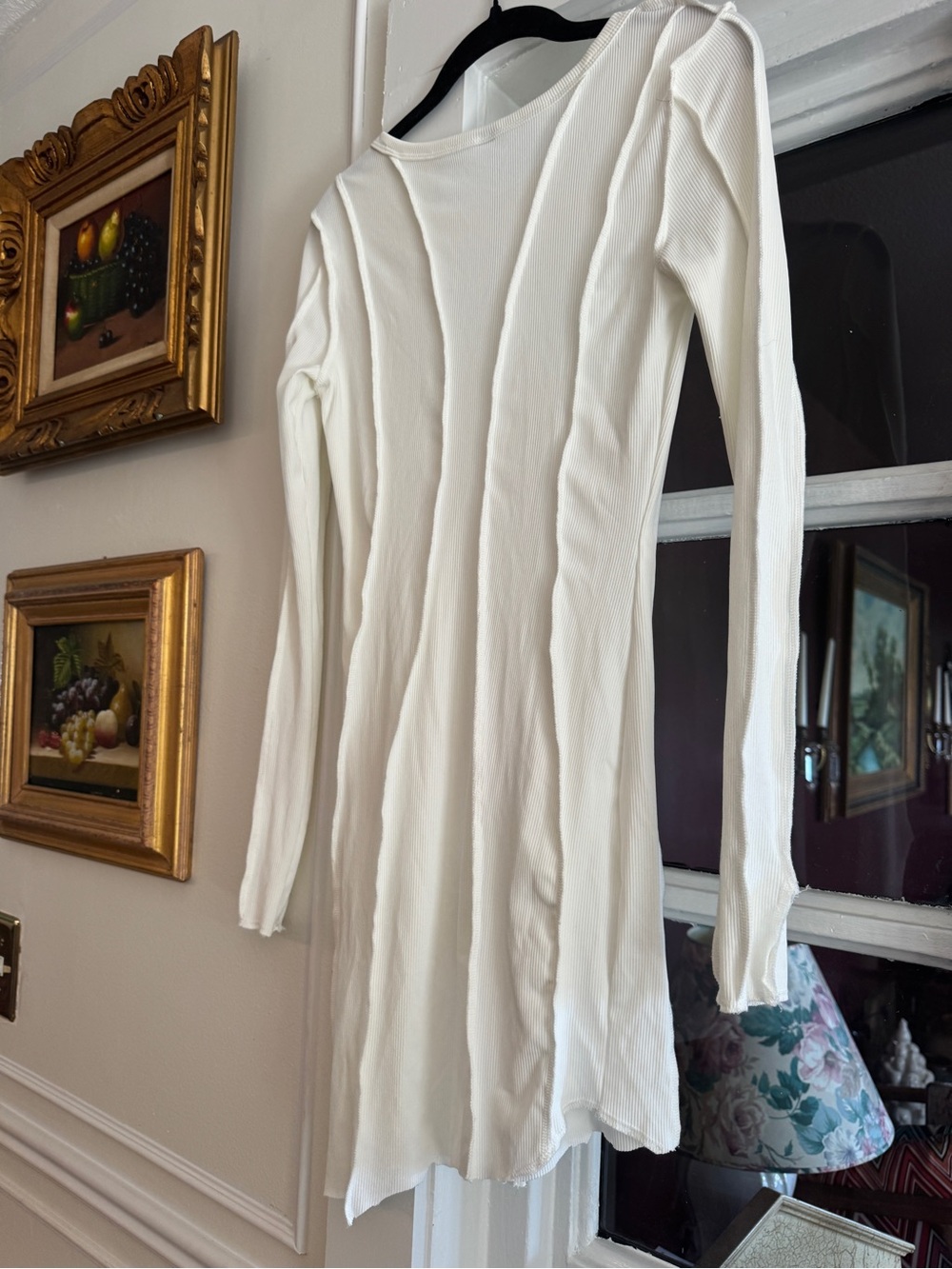 White Long-Sleeve Ribbed Mini Dress